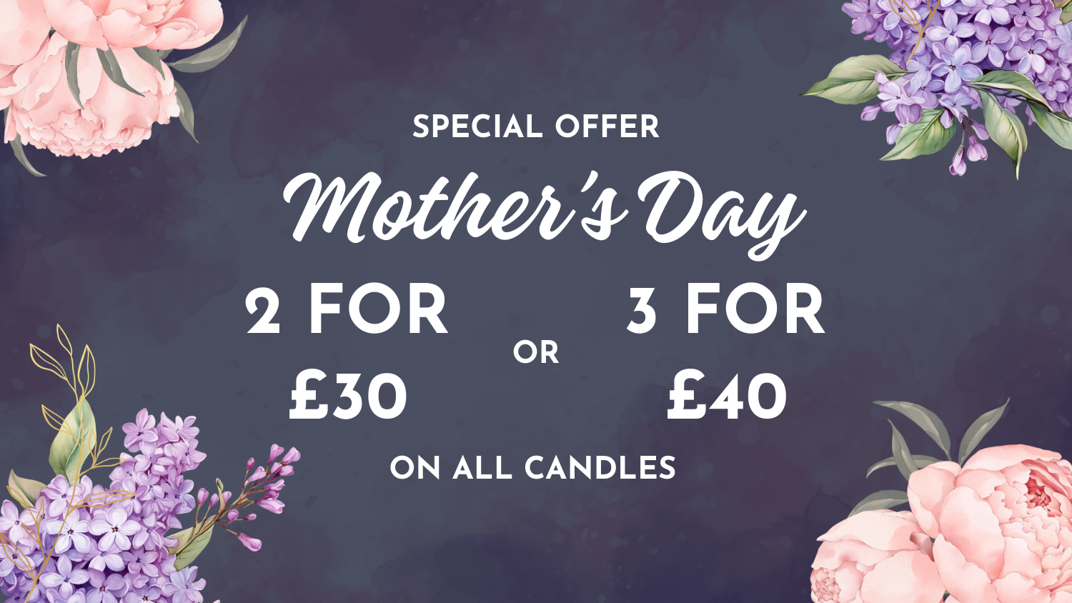 Promotional banner for Mother's Day special offer on candles with floral decorations.